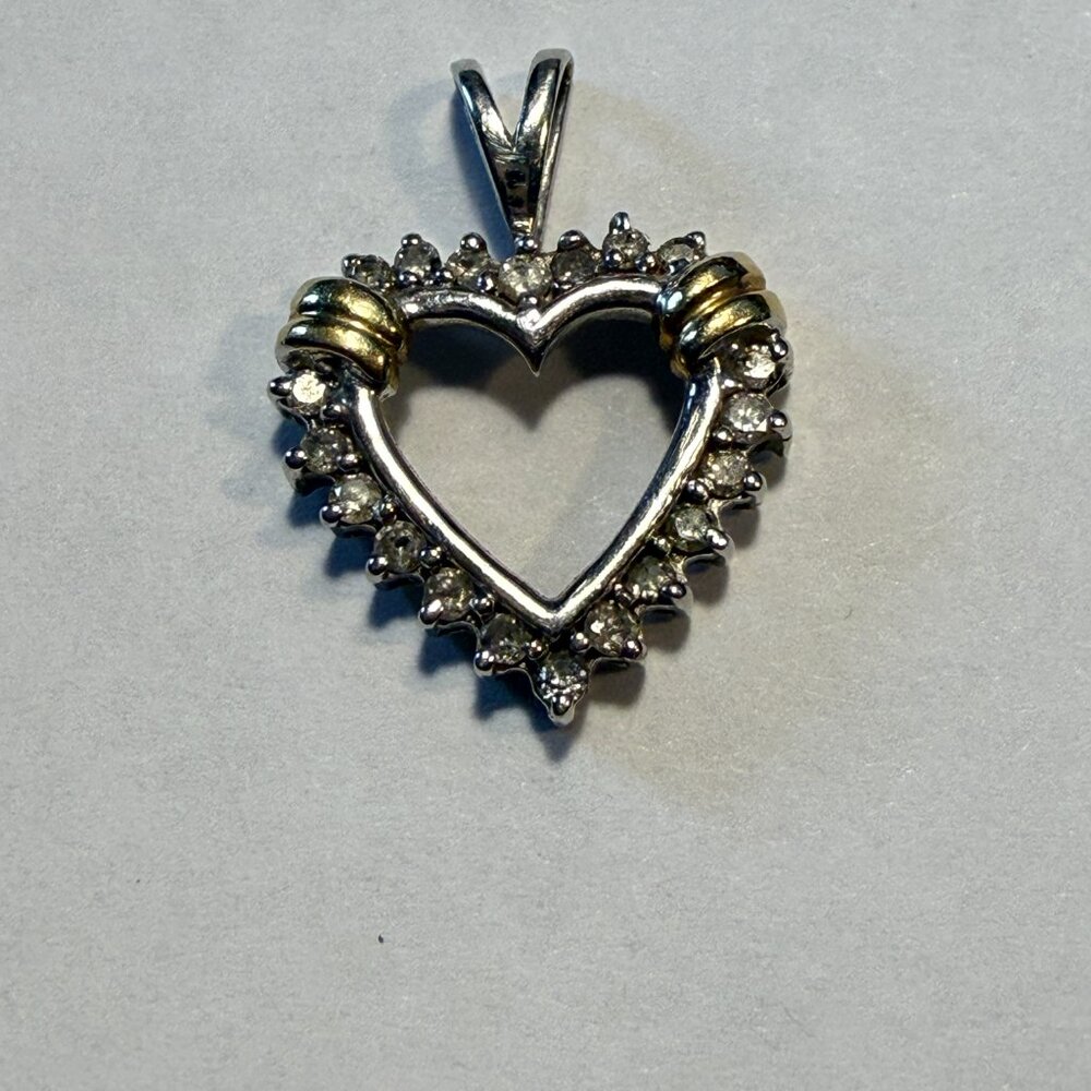 Vintage Open Heart Pendant Charm 10K Yellow & White Gold Diamond